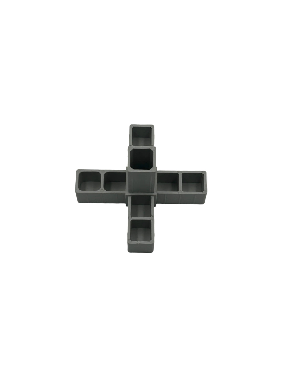 Grauer 4-Wege-Kreuzverbinder für 25x25x2,0 mm Vierkantrohre.